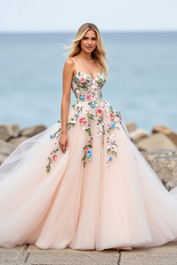 Blush Ball Gown Tulle Boho Sweep Train Wedding Dress with Appliques